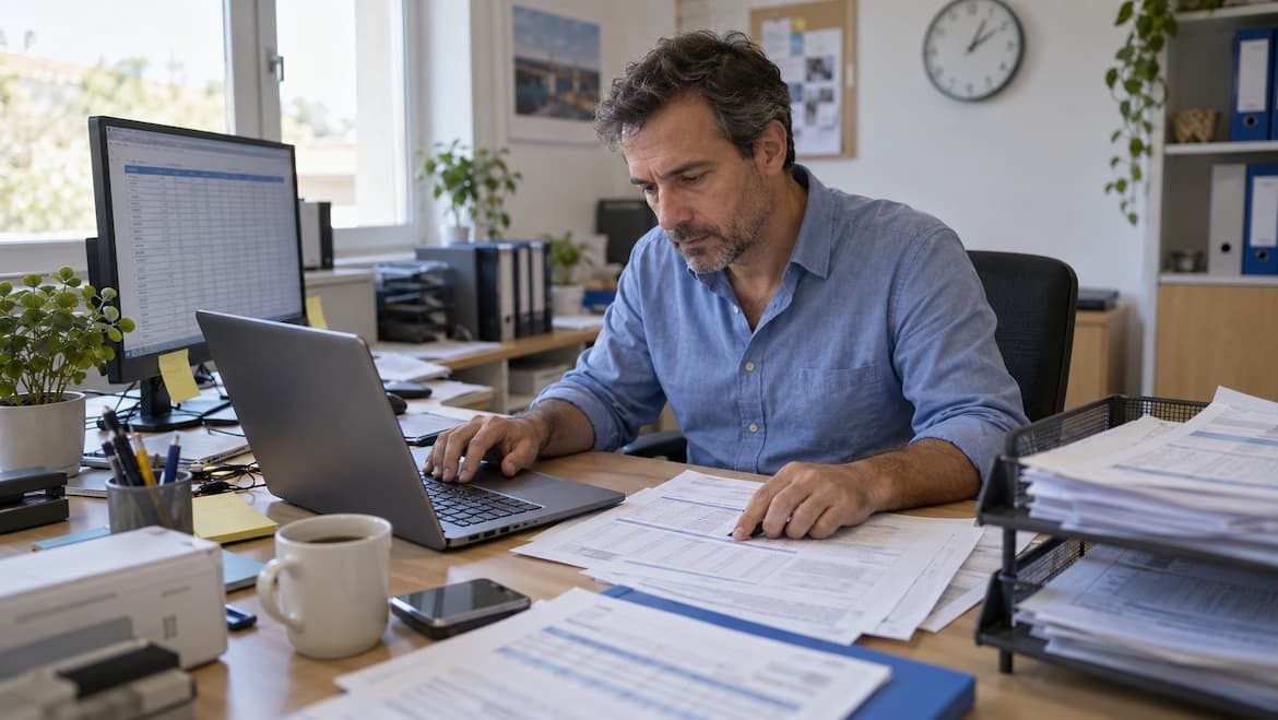 Dirigeant de PME submergé de documents papier devant un tableur