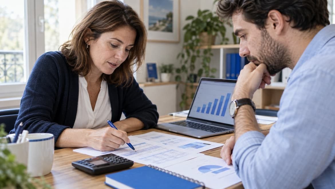 Consultant et cliente évaluant le coût et le retour d'une automatisation, calculatrice et graphiques sur le bureau