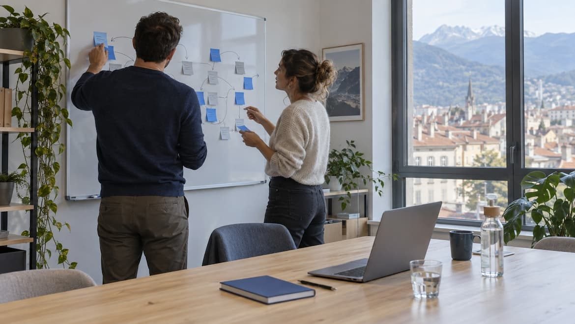 Deux consultants cartographiant un processus sur un tableau blanc, les Alpes de Grenoble visibles par la fenêtre