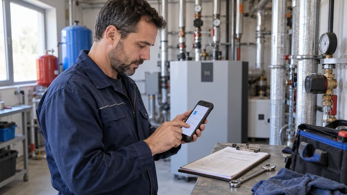 Technicien de maintenance remplissant un rapport d'intervention sur son smartphone dans une chaufferie