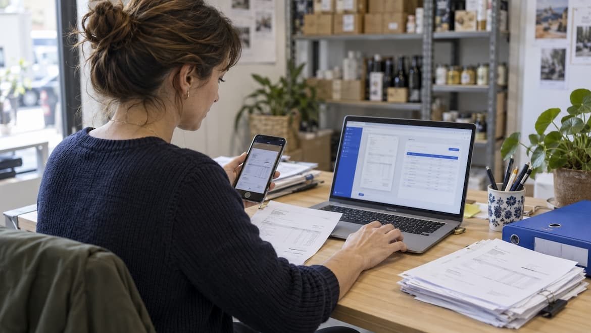 Gérante scannant une facture fournisseur avec son téléphone à côté d'un tableau de bord de gestion et de piles de factures papier