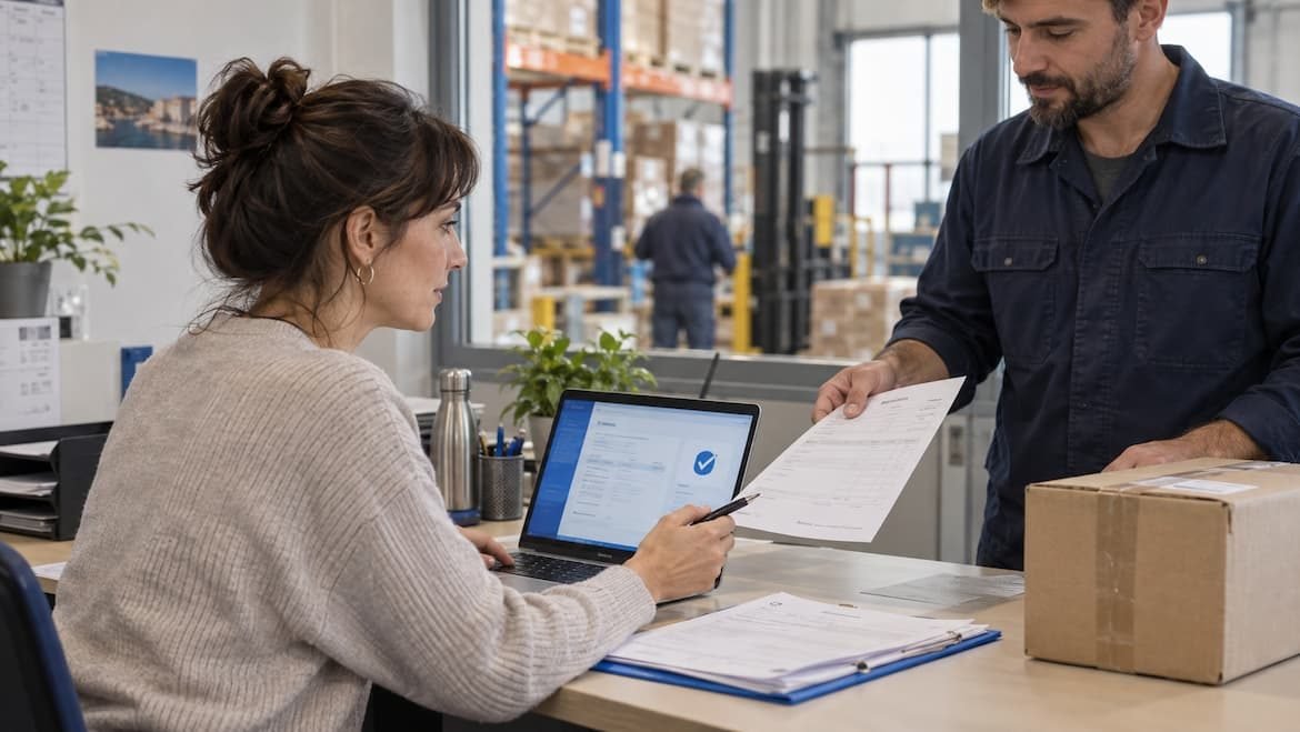 Employée validant un document sur un ordinateur portable dans un entrepôt logistique