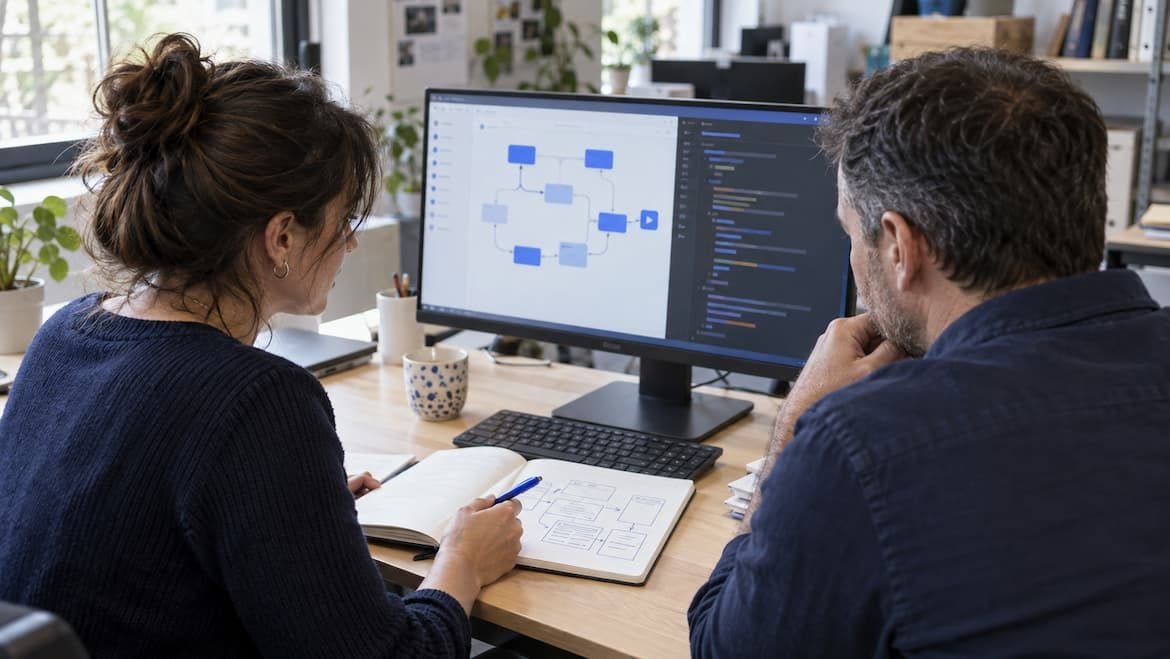Deux personnes concevant un flux d'automatisation visuel à l'écran, schéma de blocs connectés