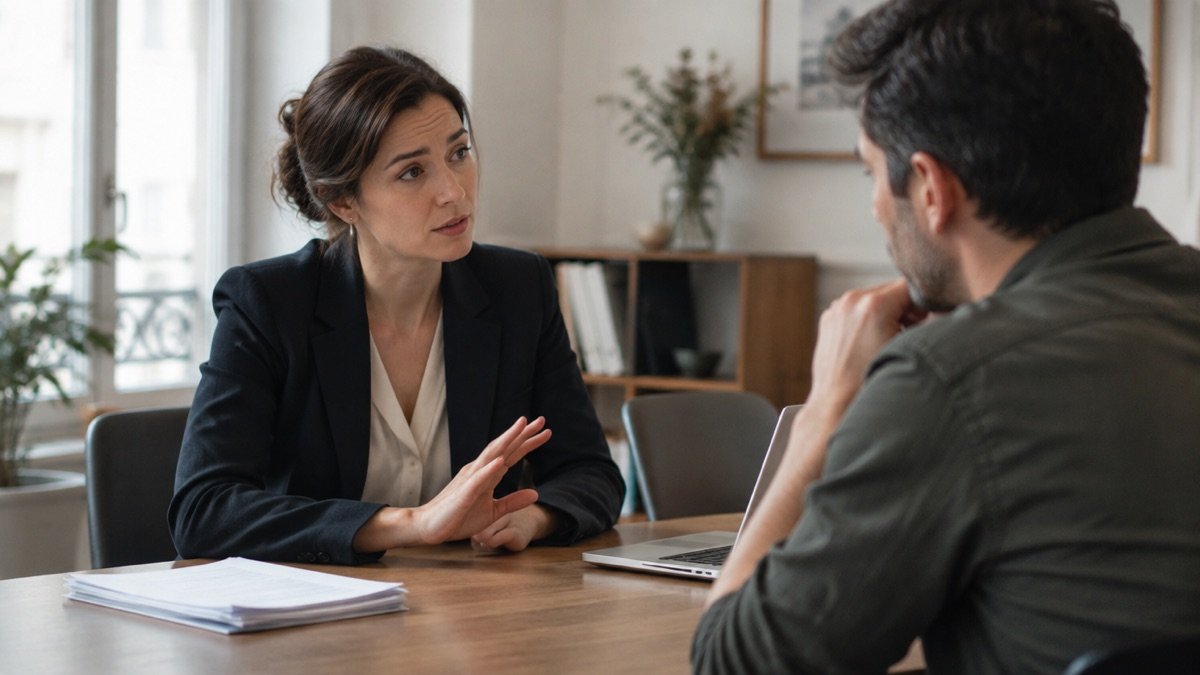 Un consultant conseille à une dirigeante de PME de ne pas automatiser une tâche, geste posé, peu de documents sur le bureau