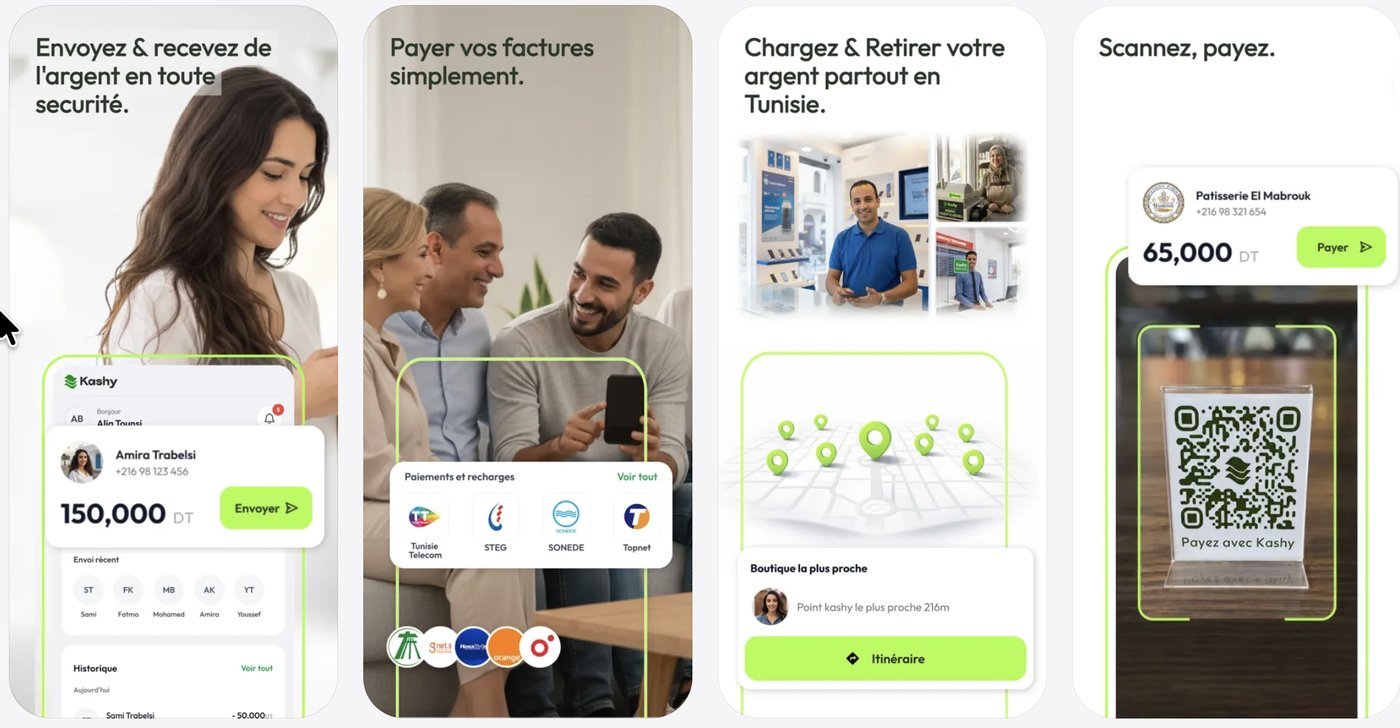 Écrans de l'application Kashy : envoi d'argent, paiement de factures, réseau d'agents et paiement par QR code